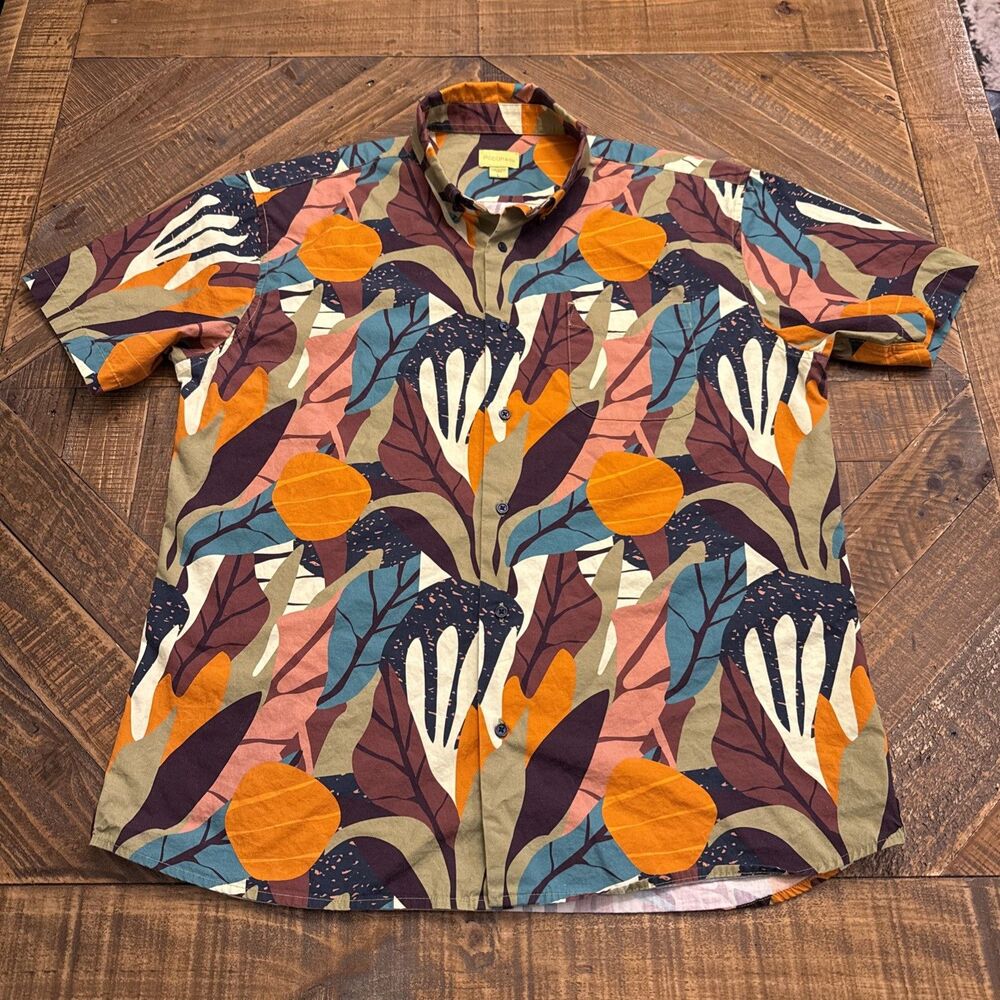 Poplin & Co Men’s Short Sleeve Button Front Shirt Abstract Leaf Print Multicolor